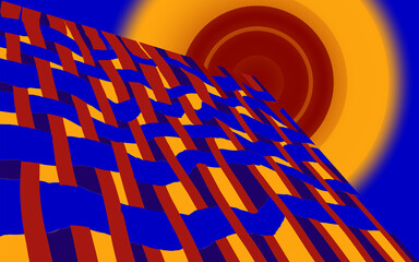 Abstract 3D woven grid pattern with geometric sun background