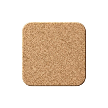 Extreme macro close-up flat lay of a square cork coaster with rich, granulated texture, isolated on a brilliant white seamless background under soft studio lighting. Concept of sustainable materials