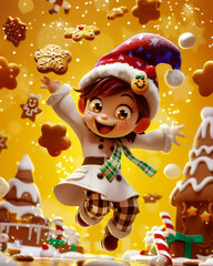 Joyful child in Christmas hat jumping with gingerbread cookies