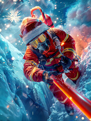 Firefighter winter gear fighting fire with hose snowy environment