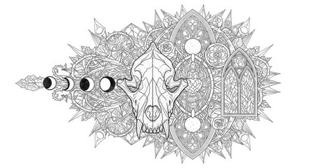 Intricate monochromatic illustration depicts a carnivorous animal skull surrounded by complex gothic and celestial elements