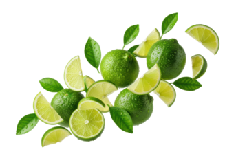 dynamically suspended emerald-green limes, wet wedges, and translucent slices floating in a zero-gravity explosion against a transparent studio background. Concept for beverage advertising