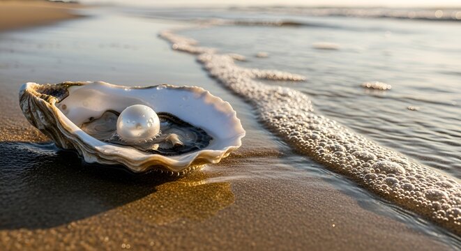 A single luminous pearl rests within an open oyster shell on a sandy beach, touched by gentle ocean - Powered by Adobe