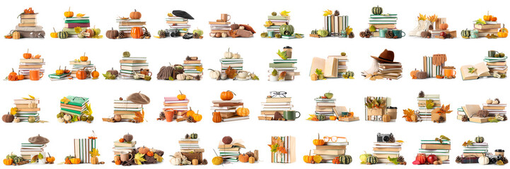 Set of many books, pumpkins and autumn decorations on white background