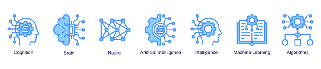 Artificial Mind web banner icon illustration featuring cognition, brain, neural networks, artificial intelligence, intelligence, machine learning, and algorithms