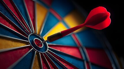 Red Dart Hitting Bullseye on Colorful Dartboard Close-up.