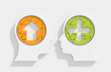Head with arrows icon. Making decisions. Versatility, opportunities, mental flexibility. Multi way vs one way direction. Mind full of choices. Different directions in life. Mind diversity. 3D render