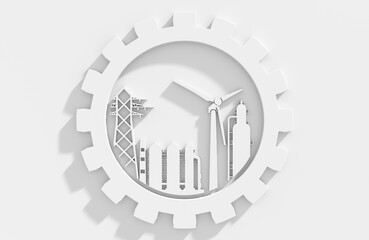 Energy generation icons inside a gear. Energy and power supply industry. 3D render