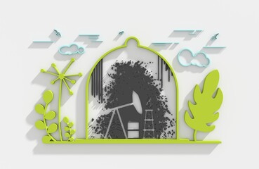 Oil pump under the glass dome surrounded by green plants. Earth day and save the world, zero waste concept. Growth, sustainability, environmental care, protection and nature conservation. 3D render