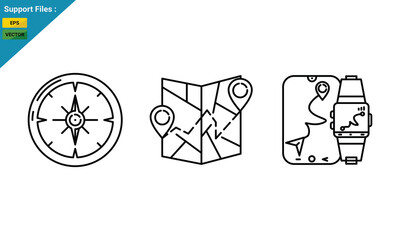 Navigation Tools Icons. Navigation Tools. Line icon set of Navigation Tools: compass, map and GPS.