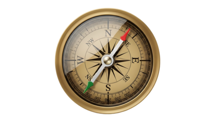 Golden Compass with Red and Green Needle on White Background