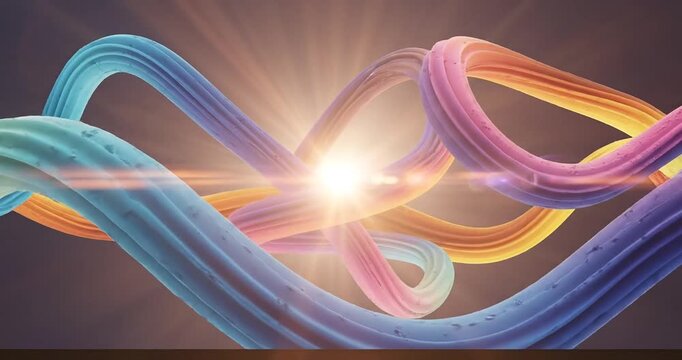 Colorful abstract ribbons intertwine against a radiant backdrop, creating a dynamic visual effect