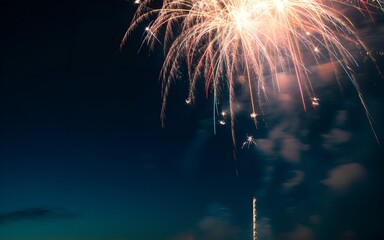 Festive Fireworks at Night with Empty Space for Text,a brilliant fireworks display illuminating the upper portion of a dark sky.