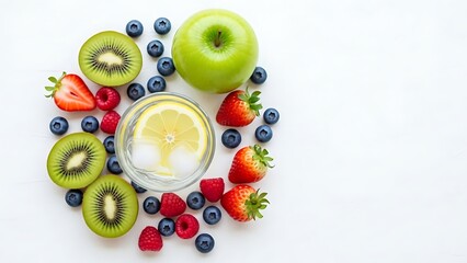 A vibrant arrangement of fresh fruits and a glass of lemonade on a white background