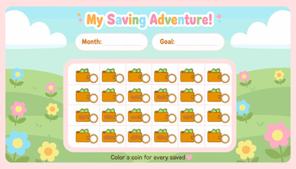 Cute printable saving adventure chart for children featuring piggy banks, coins, and a cheerful floral landscape.