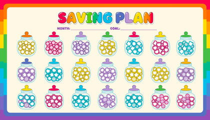 A colorful and playful saving plan chart with 18 candy jars, designed for tracking monthly financial goals with a vibrant rainbow border.