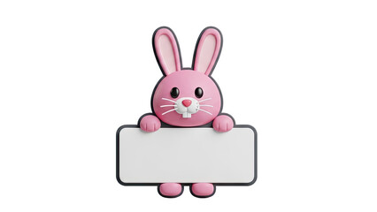 3D Pink bunny holding a blank sign on transparent background