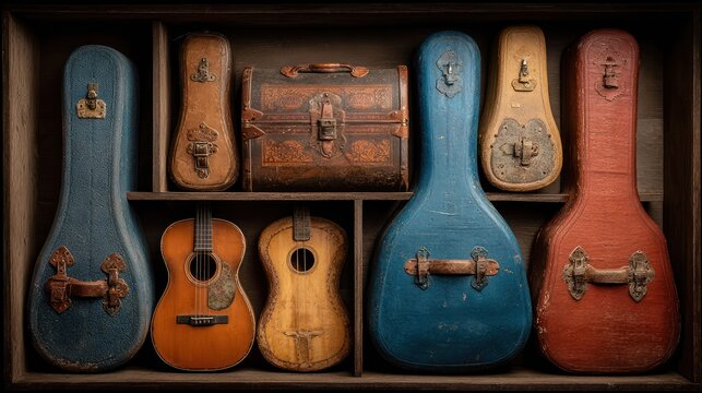 Collection of Vintage Ukuleles and Cases in Wooden Display.