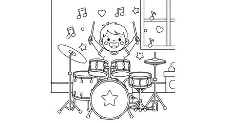 Joyful child enthusiastically plays a full drum set in a simple outline illustration