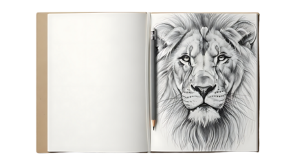 Open Sketchbook with Detailed Pencil Drawing of Lion Head on Right Page