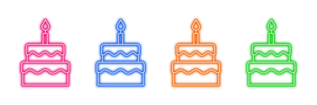 Neon glowing birthday cake vector icons set, celebration, party, festive, anniversary, sweet dessert, candle, glowing, vibrant colorful digital design illustration on transparent background.