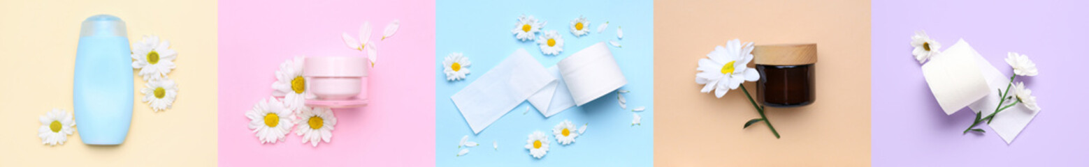 Collage of natural chamomile cosmetics with toilet paper on light color background