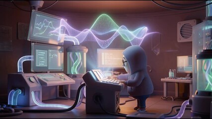 Animated character interacting with technology in a futuristic laboratory setting - Powered by Adobe