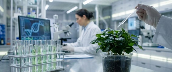 Scientist conducting botanical research with plant and pipette in modern laboratory with DNA screen