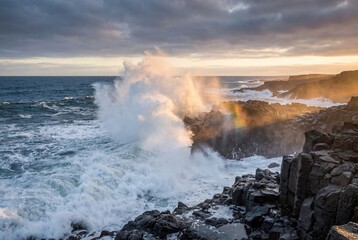 Massive ocean wave crashing against dark rocky cliffs at sunset with golden light and rainbow mist