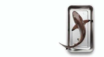 Raw whole shark on stainless steel tray isolated on white background. Flat lay food photography with copy space. Seafood processing and commercial fishing concept