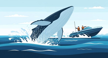 Whale jumping out of ocean water near small motor boat with people holding harpoon. Flat vector illustration with clean shapes and simple color palette. Commercial whaling and marine wildlife hunting 