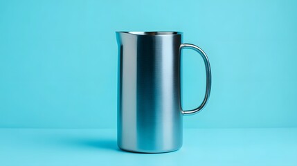 Shiny Stainless Steel Pitcher on a Vibrant Blue Background.