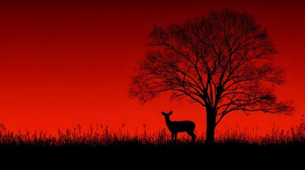 Silhouette of a Deer Under a Tree Against a Vibrant Red Sky.