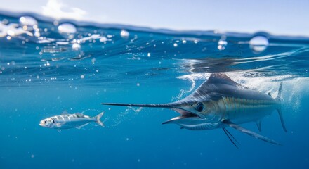 Underwater split-level view of marlin fish hunting fish just below ocean surface. Marine predator and prey interaction in open sea environment. Pelagic wildlife behavior and ocean ecosystem concept