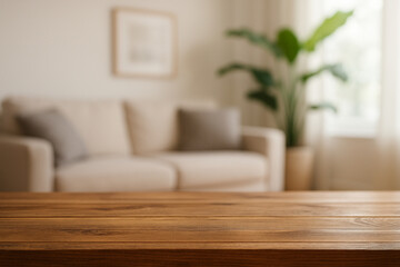 wooden top table with blurry background living room area interior