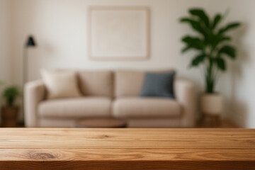 wooden top table with blurry background living room area interior