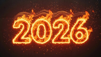 A burning, fiery 2026 logo animation still. The numbers are made of animated, realistic flames and embers, with heat distortion rising above them. The background is dark concrete.