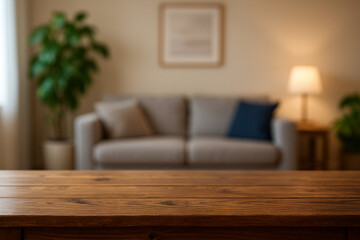 wooden top table with blurry background living room area interior