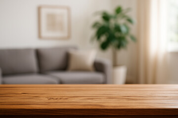 wooden top table with blurry background living room area interior