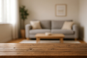 wooden top table with blurry background living room area interior