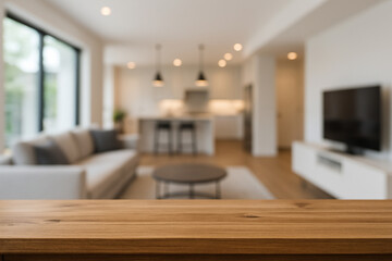 wooden top table with blurry background living room area interior