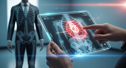 Human skeleton medical scan displayed on transparent digital tablet with highlighted heart and spine. Futuristic medical imaging interface visualization. Healthcare diagnostics technology concept