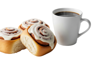 Three steaming cinnamon rolls with thick cream cheese frosting next to a white mug of dark black coffee on a transparent studio counter, soft light, sharp focus, 16:9. Concept for bakery advertising