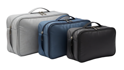 Three Travel Bags in Gray Blue and Black with Zippers and Handles on White Background