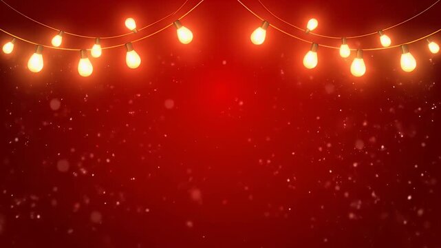 Warm string lights glow on a vibrant festive red background.