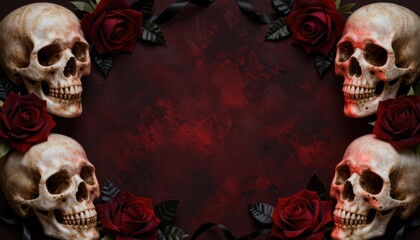 Skulls and Roses Decorative Background with Dark Red and Black Textures in a Gothic Atmosphere