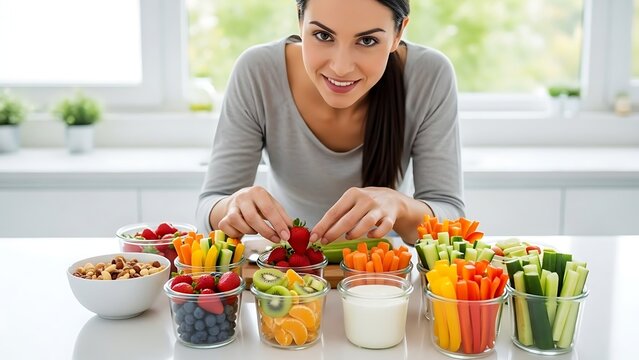 A woman preparing a healthy snack with various fruits and vegetables
