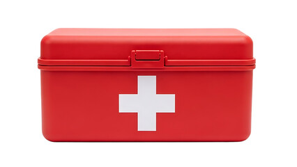 Red Medical First Aid Kit Box with White Cross on White Background