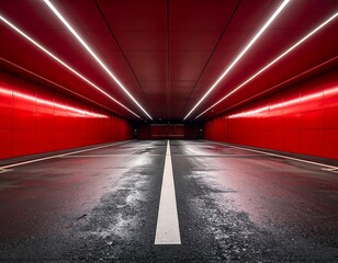 Symmetrical red tunnel with bright lighting, wet floor, and white line