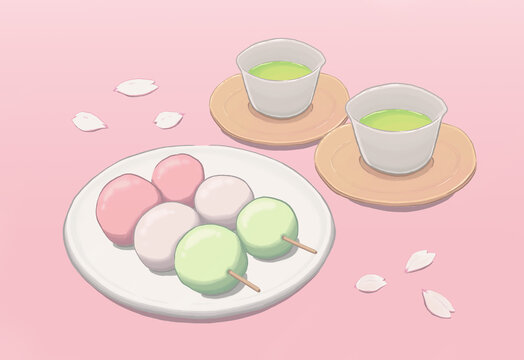 Spring illustration of Japanese sweets with dango and green tea / 桜と三色団子と日本茶の春イラスト